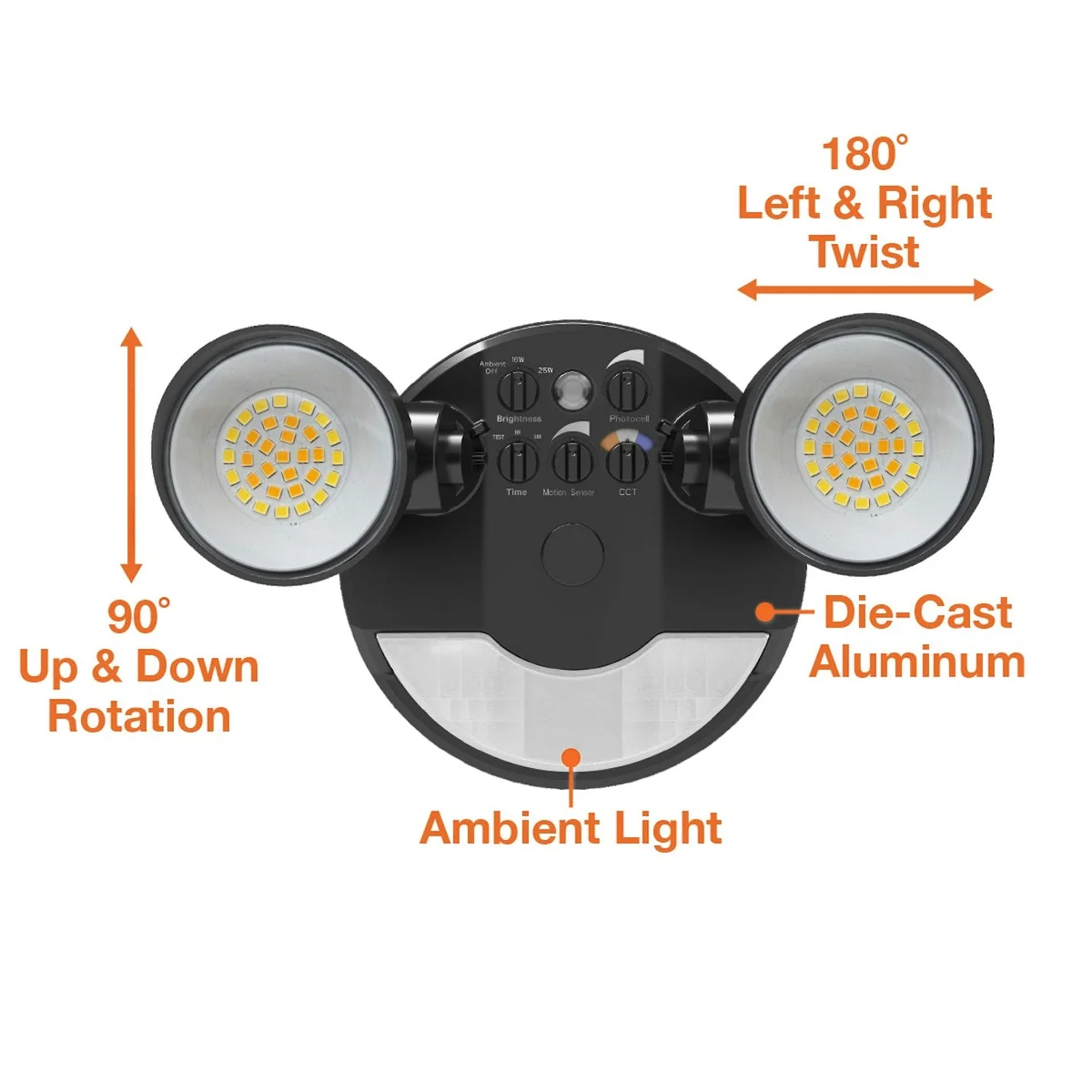 LED Security Light, Round Double Head, 3250 Lumen Max, Wattage and CCT Selectable, Motion Sensor, 120V, Bronze, Black or White Finish - Image 2
