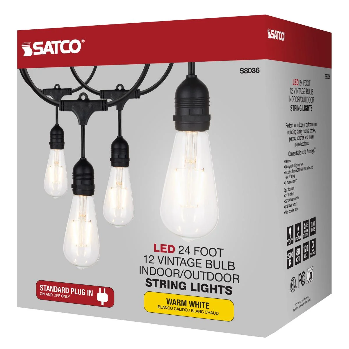 24Ft, LED String Light, 12 Vintage ST19 bulbs Included, 120 Volts - Image 10
