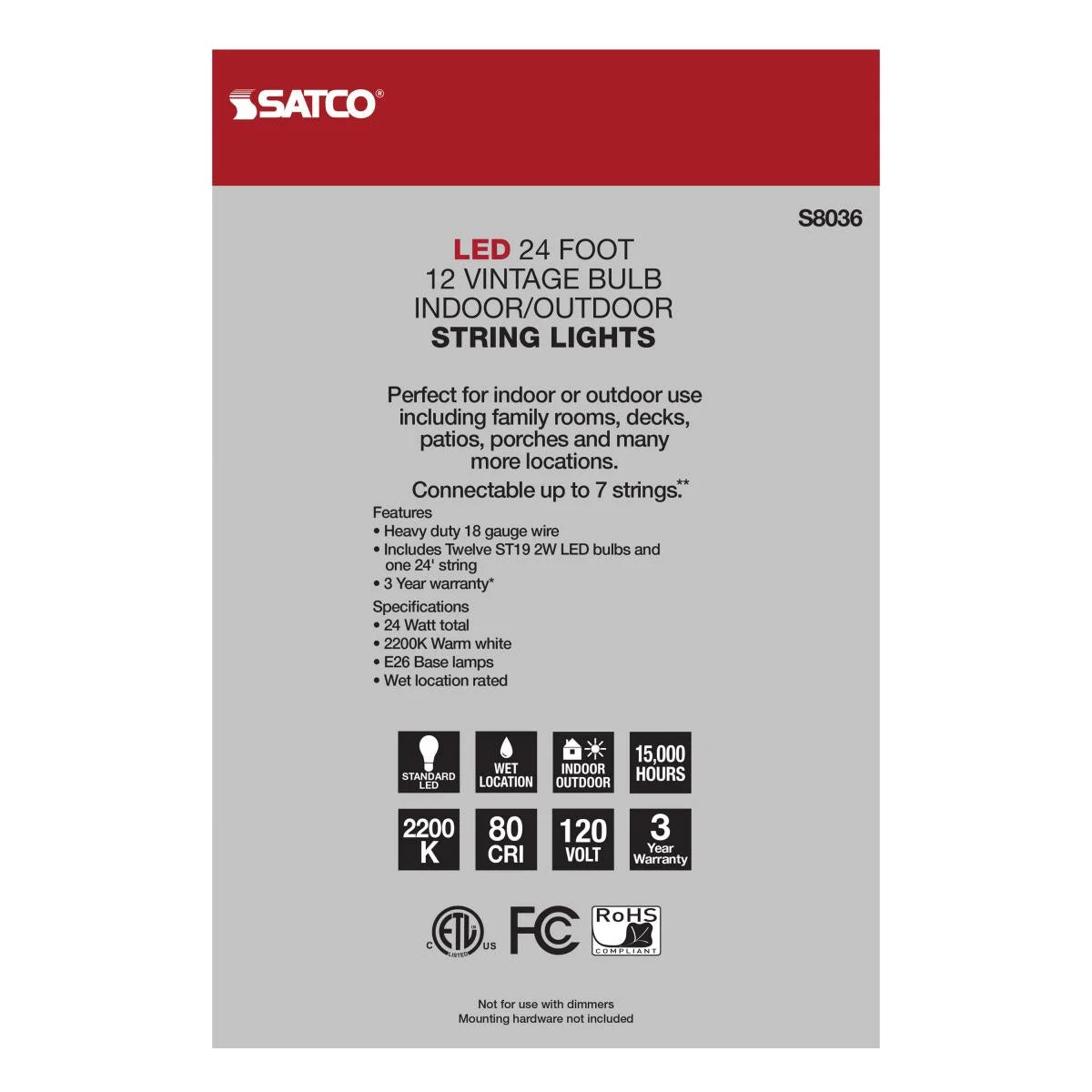 24Ft, LED String Light, 12 Vintage ST19 bulbs Included, 120 Volts - Image 8