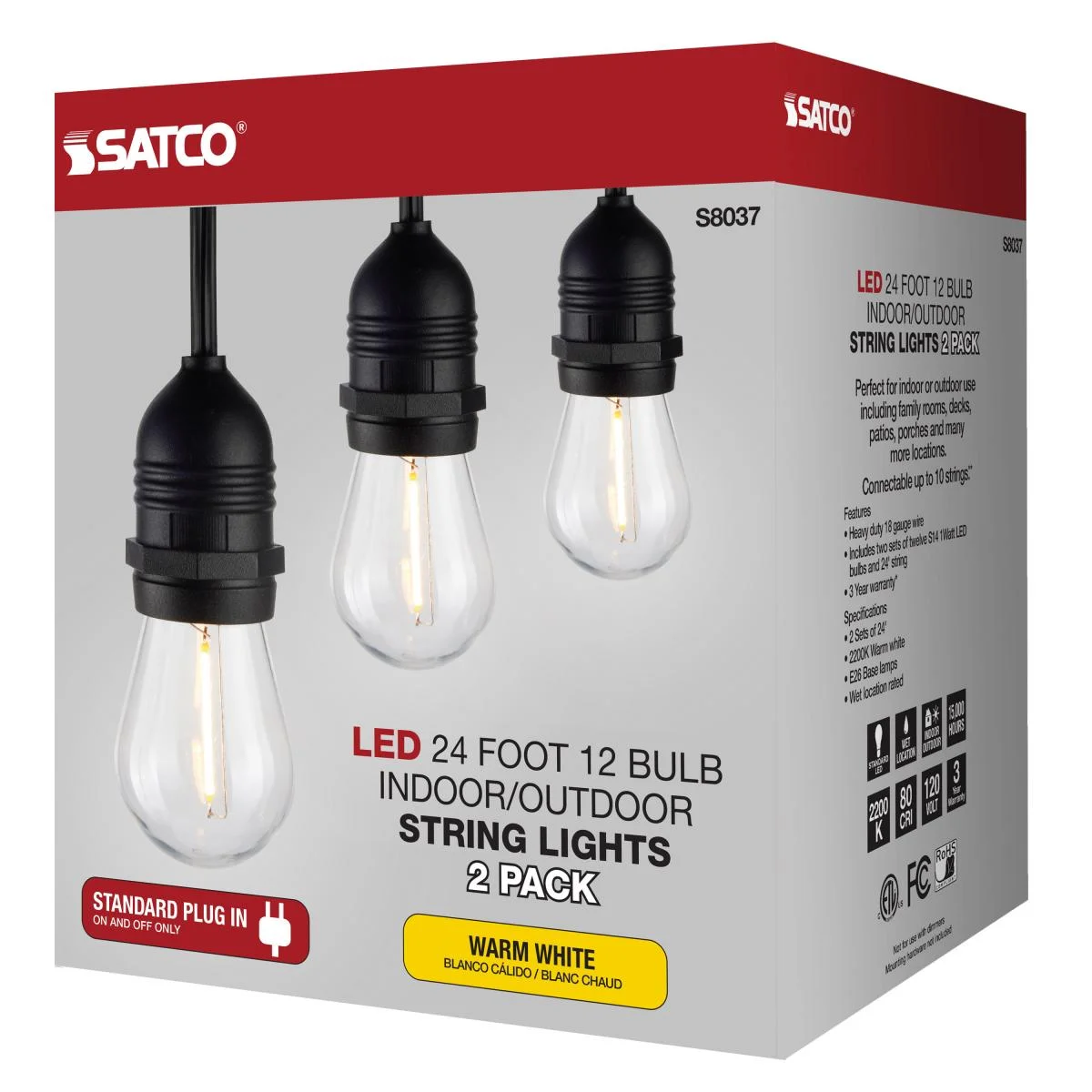 2 Pack, 24Ft, LED String Light; Includes 12-S14 bulbs, 2200K, 120 Volts - Image 10
