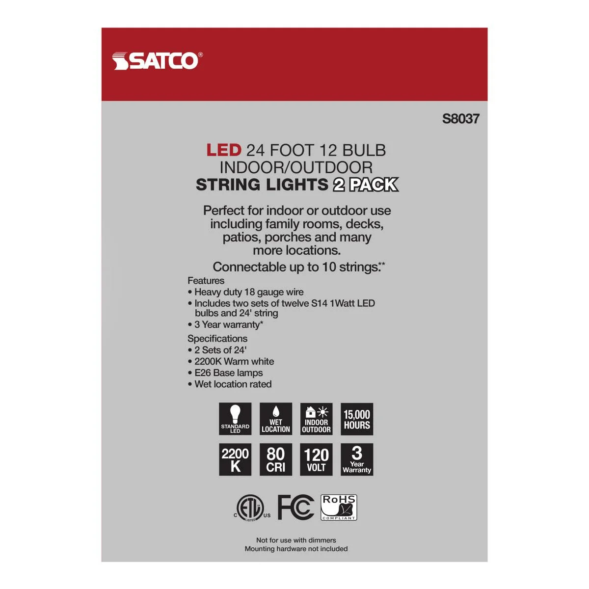 2 Pack, 24Ft, LED String Light; Includes 12-S14 bulbs, 2200K, 120 Volts - Image 8