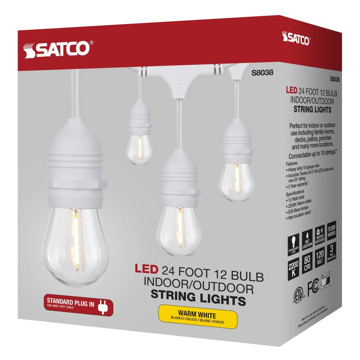 24Ft, LED String Light; Includes 12-S14 bulbs, 2200K, White Cord - Image 10