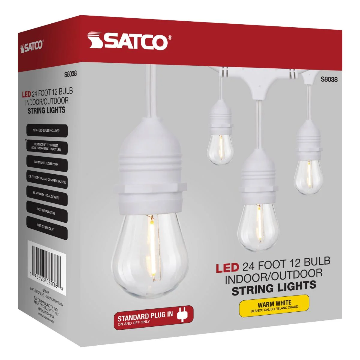 24Ft, LED String Light; Includes 12-S14 bulbs, 2200K, White Cord - Image 11