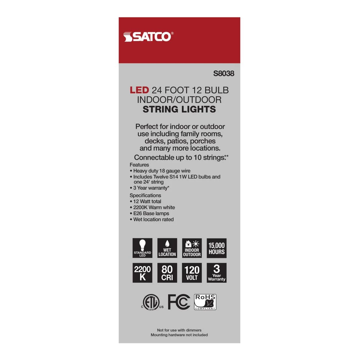 24Ft, LED String Light; Includes 12-S14 bulbs, 2200K, White Cord - Image 8