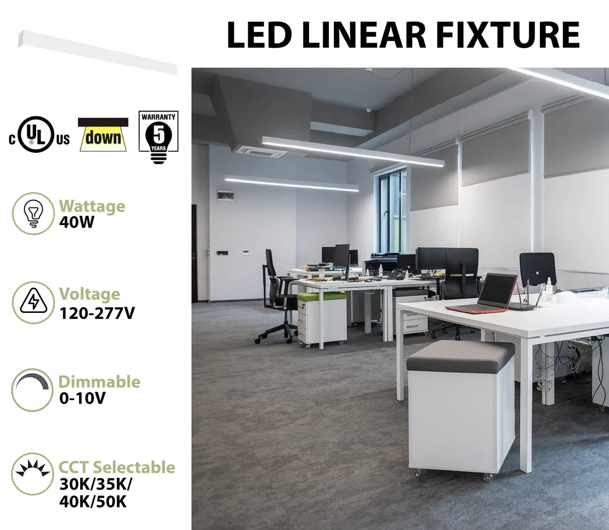4 FT LED Linear Fixture, 4710 Lumens, 40W, CCT Selectable, 120-277V, White Finish, Canopy Kit Included - Image 2