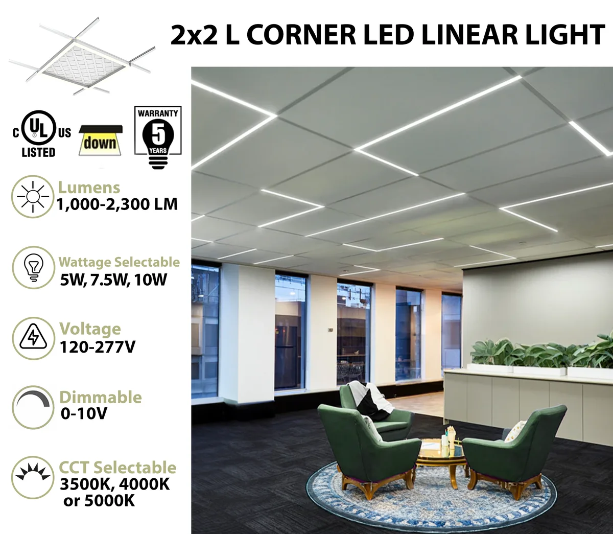 L Corner T-Grid LED Linear Light, 2300 Lumens, Wattage and CCT Select, 120-277V - Image 2