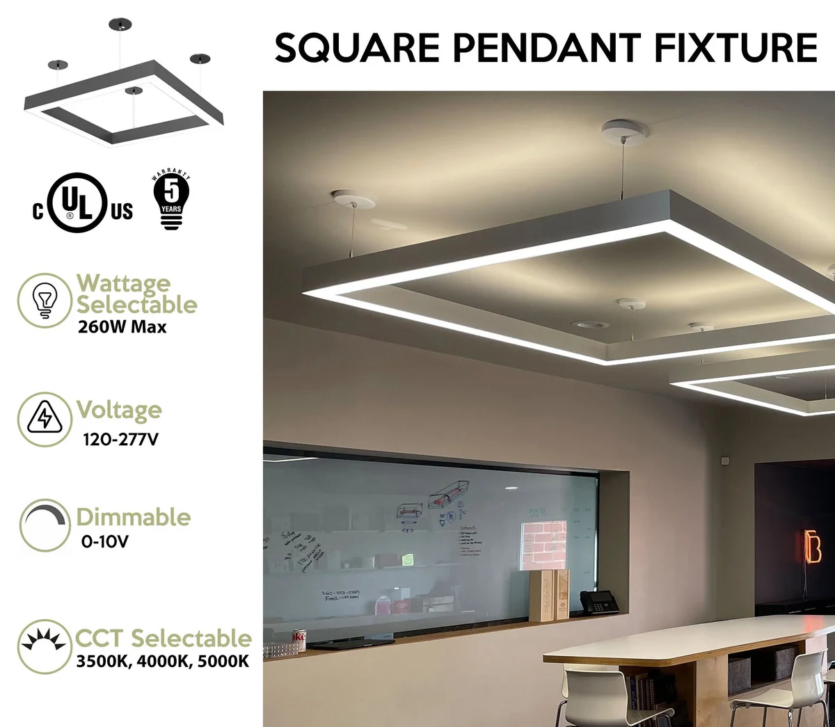 4x4 Foot Square LED Direct/Indirect Pendant Fixture, 31,720 Lumen Max, 260W, CCT Selectable, 120-277V - Image 2