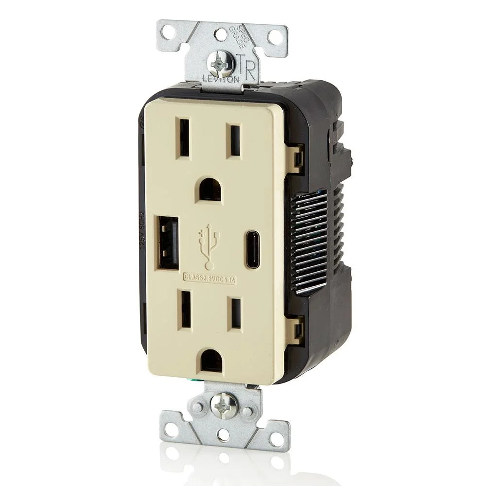 Combination Duplex Receptacle/Outlet and USB Charger. 15 Amp, 125 Volt, Decora Tamper-Resistant Receptacle/Outlet, Back Wired - Ivory - Image 2