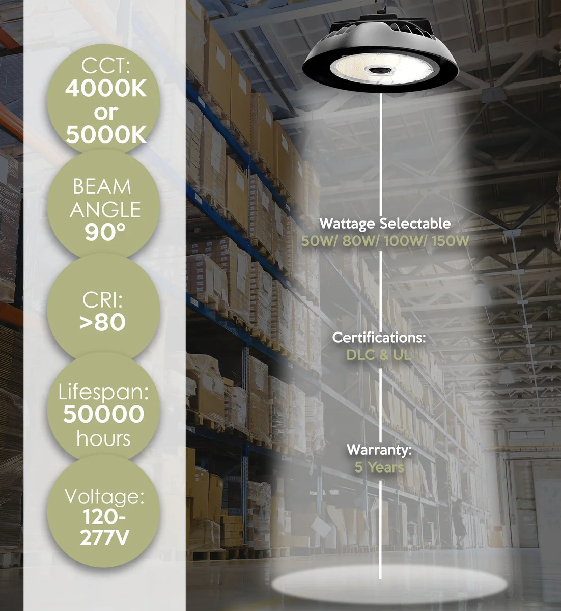 Westgate LED High Lumen UFO High Bay, 50W/80W/100W/150W, CCT Selectable 3000K/4000K/5000K/5700K, 480V - Image 3