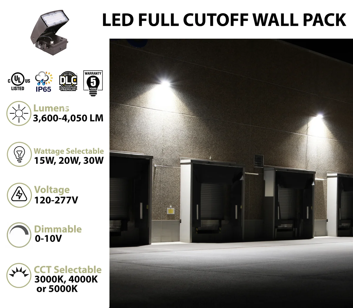 LED Adjustable Wall Pack, 4050 Lumen Max, Wattage and CCT Selectable, Integrated Photocell, 120-277V, Bronze Finish - Image 2