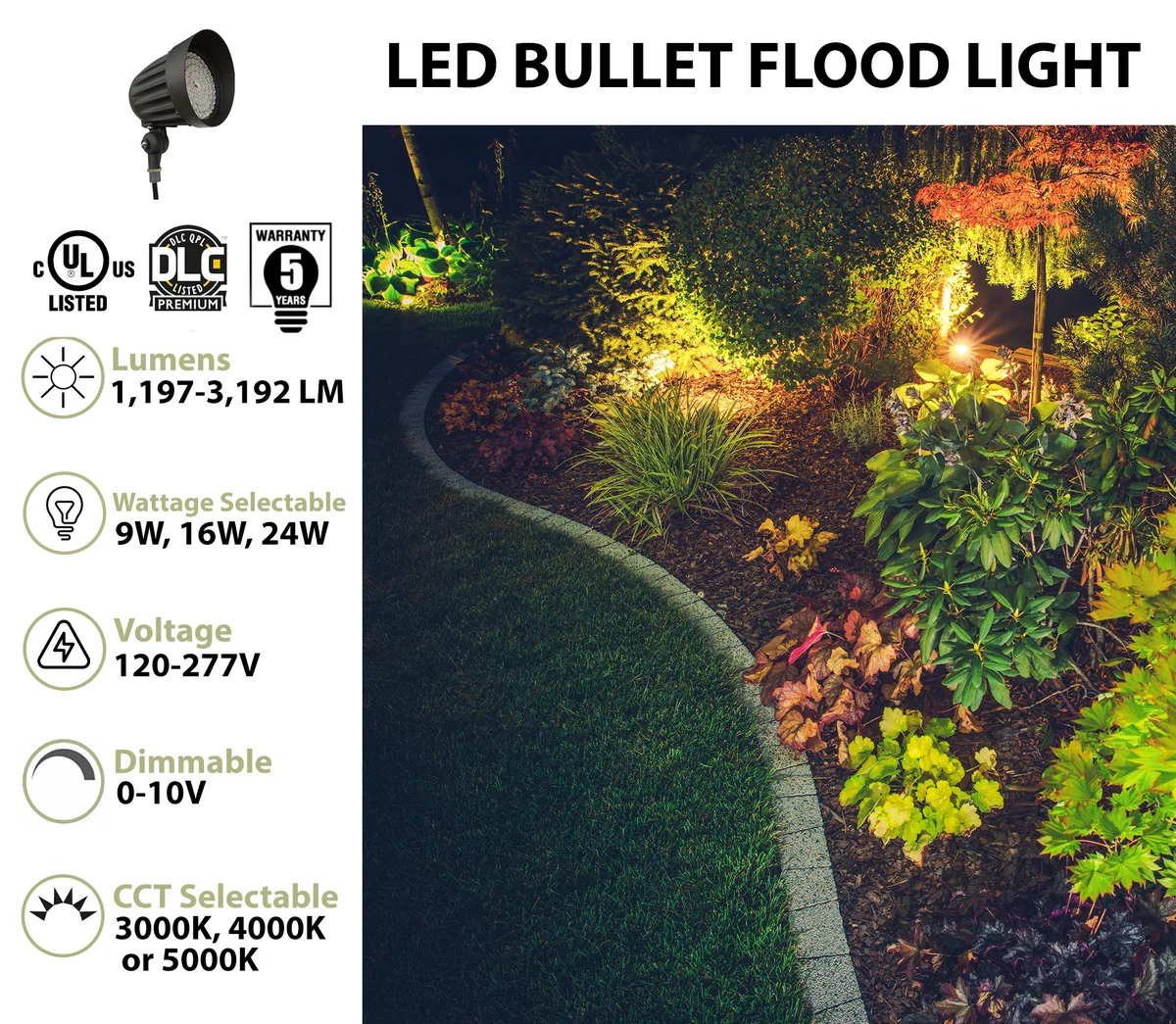 LED Bullet Flood Light, 3200 Lumen Max, Wattage and CCT Selectable, 25° and 45° Optic, Integrated Photocell, Knuckle Mount, 120-277V, Bronze - Image 2