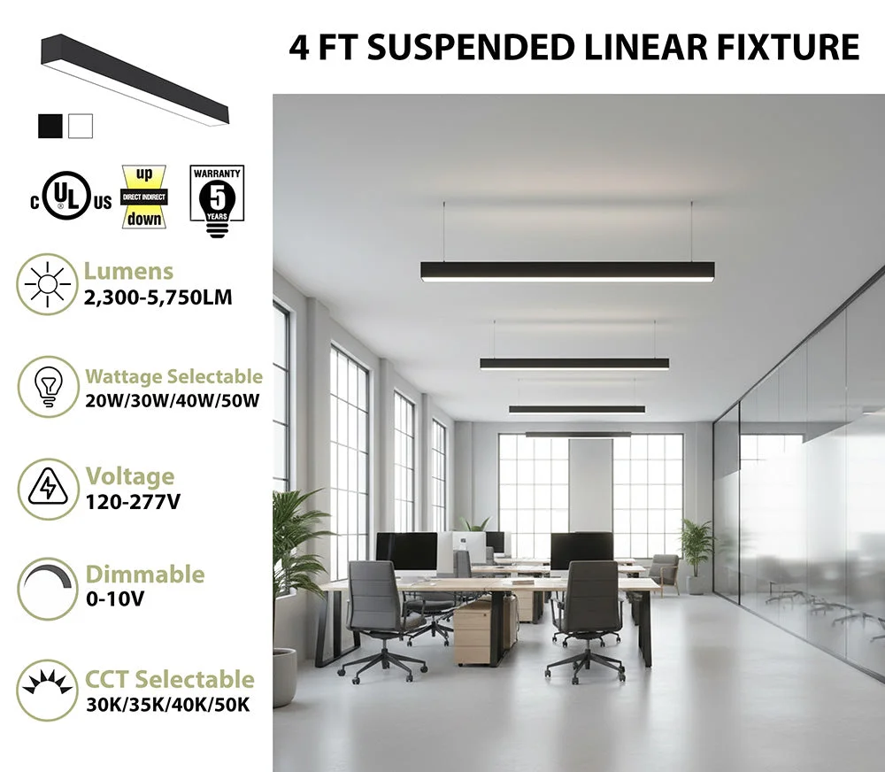 4 FT LED Direct/Indirect Suspended Linear Fixture, 4" Wide, 5750 Lumen Max, Wattage and CCT Selectable, 120-277V, White or Black Finish - Image 2