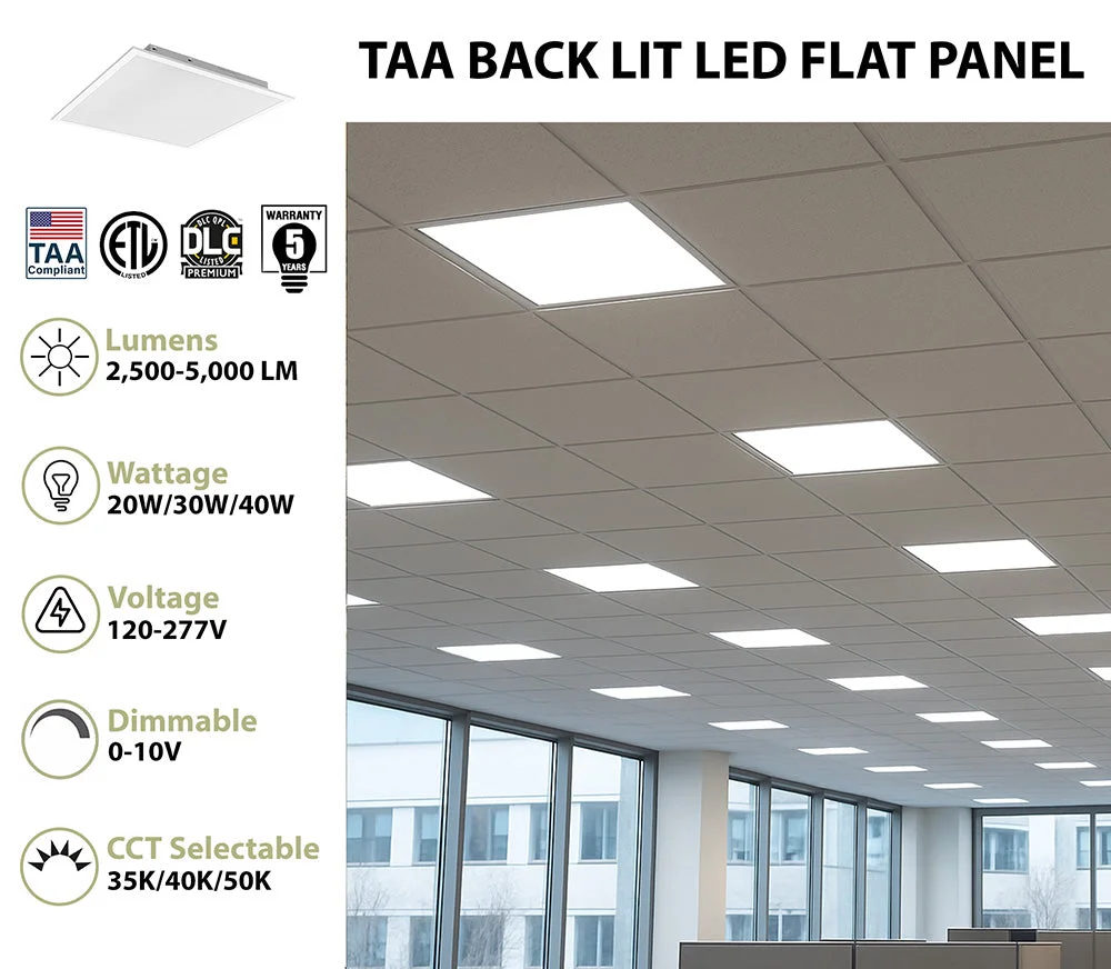 2 x 2 Foot Back Lit LED Flat Panel, 5000 Lumen Max, Wattage and CCT Selectable, Dimmable, 120-277V, TAA Compliant - Image 2