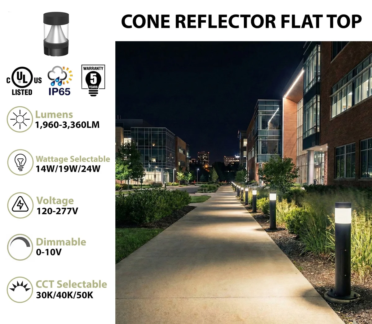 Commercial LED Bollard Light - 3360LM Max, CCT & Wattage Selectable, Flat Top Cone Reflector, Modular, 6-8" Retrofit Base, Black or Bronze - Image 2