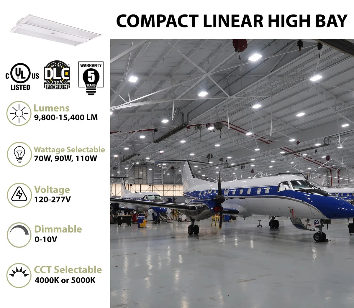 2FT LED Compact Linear High Bay Fixture, 15,400 Lumen Max, Wattage and CCT Selectable, 120-277V - Image 2