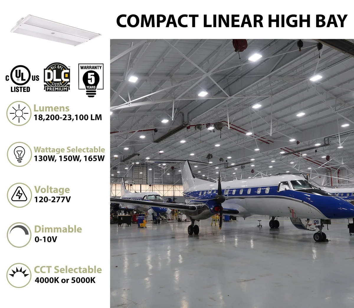 2FT LED Compact Linear High Bay Fixture, 23,100 Lumen Max, Wattage and CCT Selectable, 120-277V - Image 2