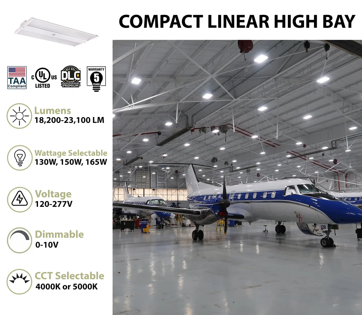 2FT LED Compact Linear High Bay Fixture, 23,100 Lumen Max, Wattage and CCT Selectable, 120-277V, TAA Compliant - Image 2
