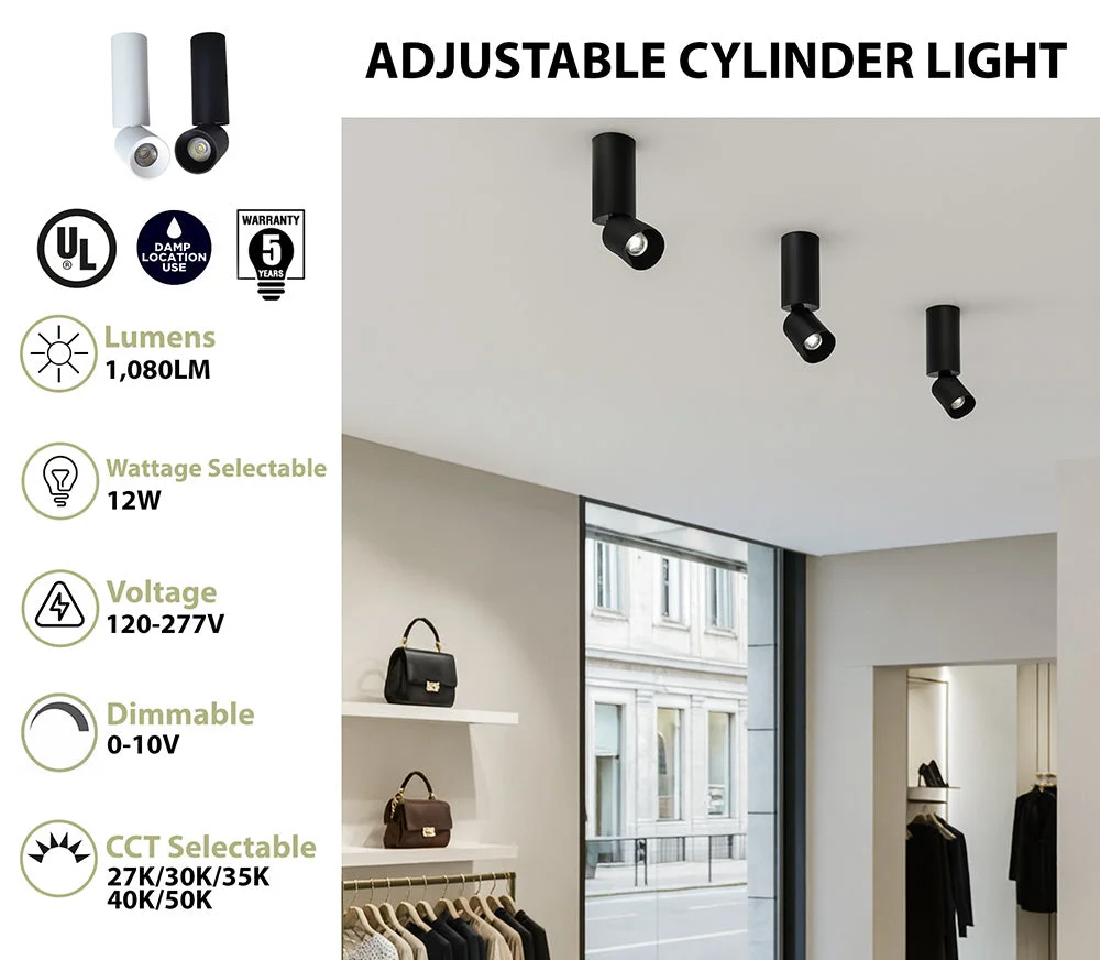 2" LED Adjustable Architectural Cylinder Light Fixture, 1080 Lumens, 12W, CCT Selectable, 120-277V, Black or White Finish - Image 3