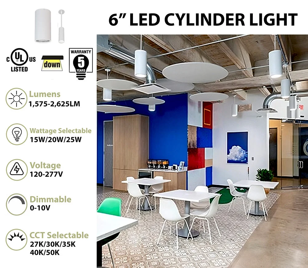 6" LED Architectural Cylinder Light Fixture, 2625 Lumens, Wattage and CCT Selectable, 120-277V, White Finish - Image 2