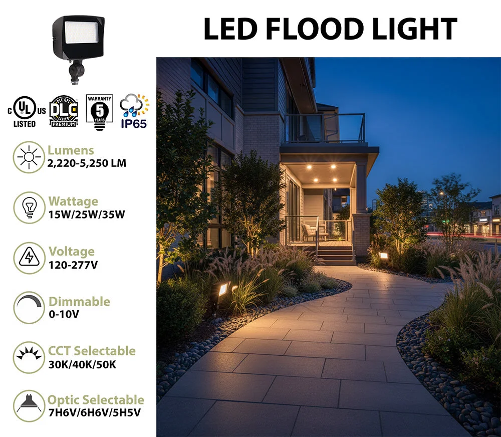 LED Flood Light, 5250 Lumen Max, Wattage, CCT and Optic Selectable, Integrated Photocell, 120-277V - Image 2