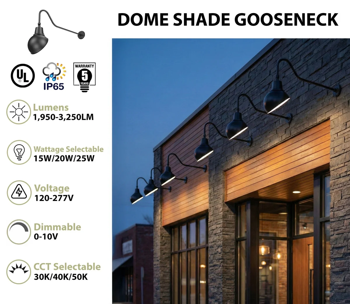 LED Gooseneck Light Fixture, 3250 Lumen Max, Wattage and CCT Selectable, 120-277V, Dome Shade, Black - Image 2