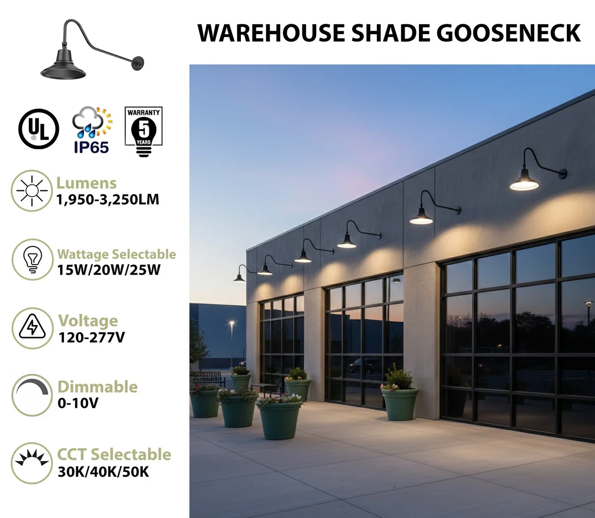 LED Gooseneck Light Fixture, 3250 Lumen Max, Wattage and CCT Selectable, 120-277V, Warehouse Shade, Black - Image 2