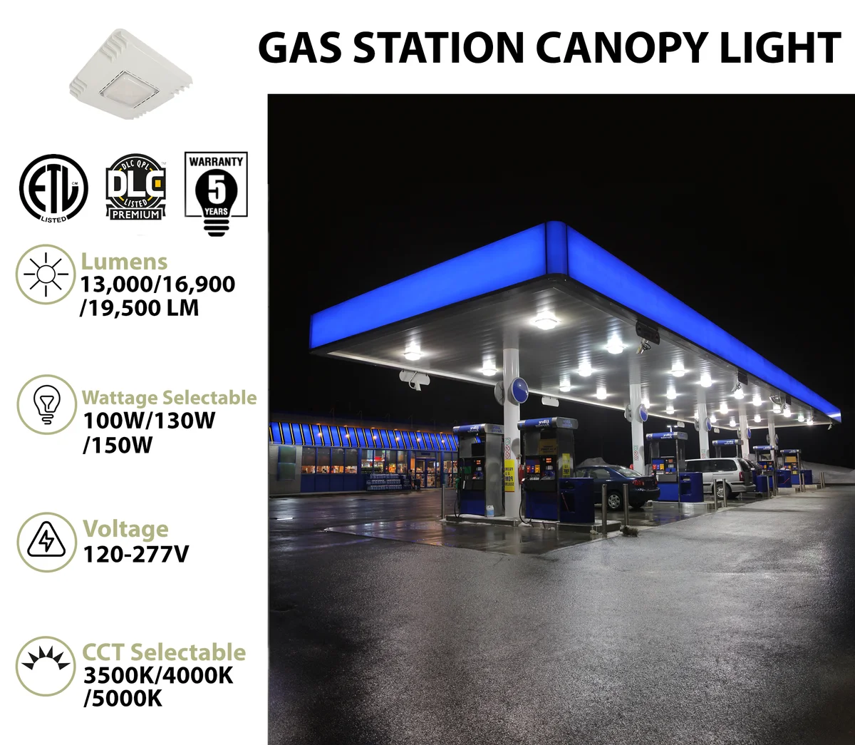 LED Gas Station Canopy Light, 19,500 Lumen Max, Wattage & CCT Selectable, 120-277V - Image 2
