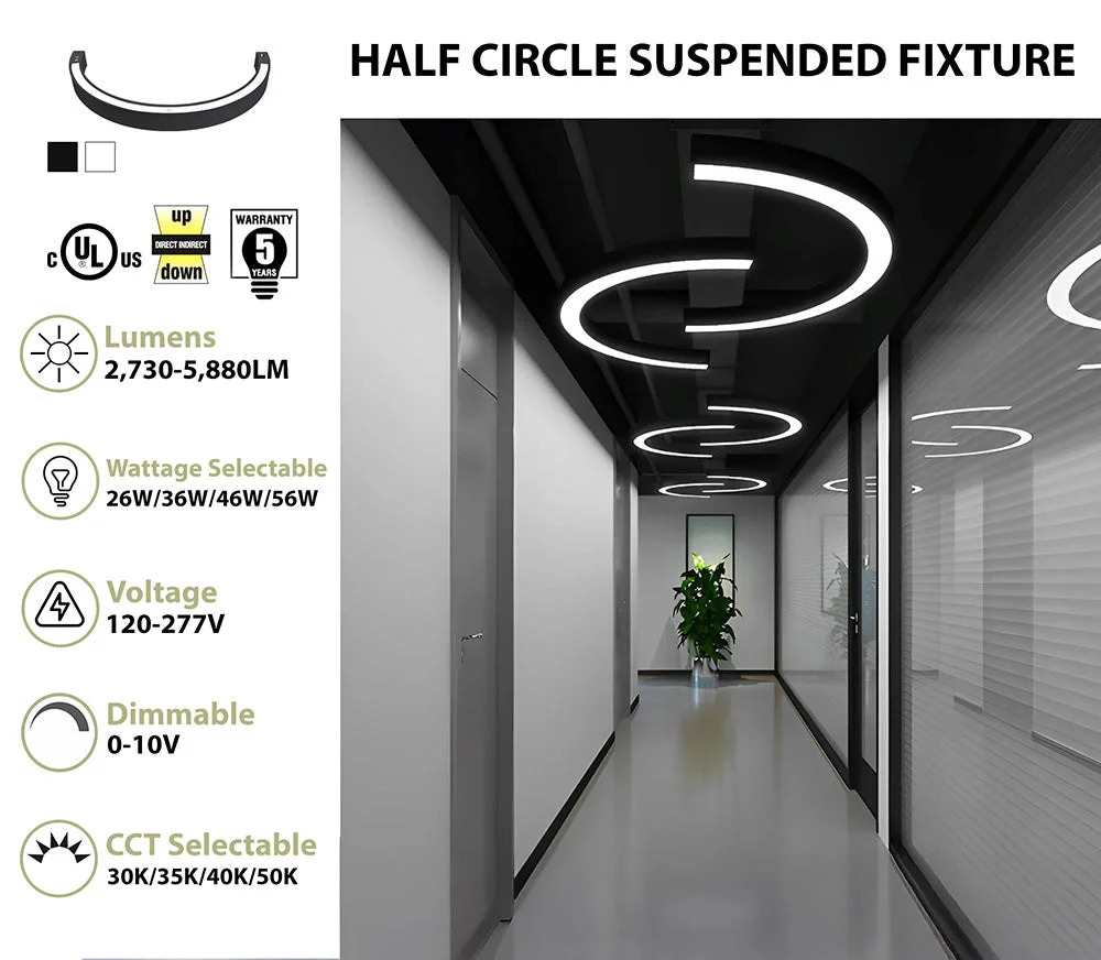 36" Half Circle LED Direct/Indirect Pendant Light, 2" Wide, 5880 Lumen Max, Wattage and CCT Selectable, 120-277V, White or Black Finish - Image 2