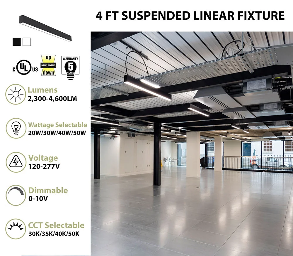4 FT LED Direct/Indirect Suspended Linear Fixture, 2" Wide, 4600 Lumen Max, Wattage and CCT Selectable, 120-277V, White or Black Finish - Image 2