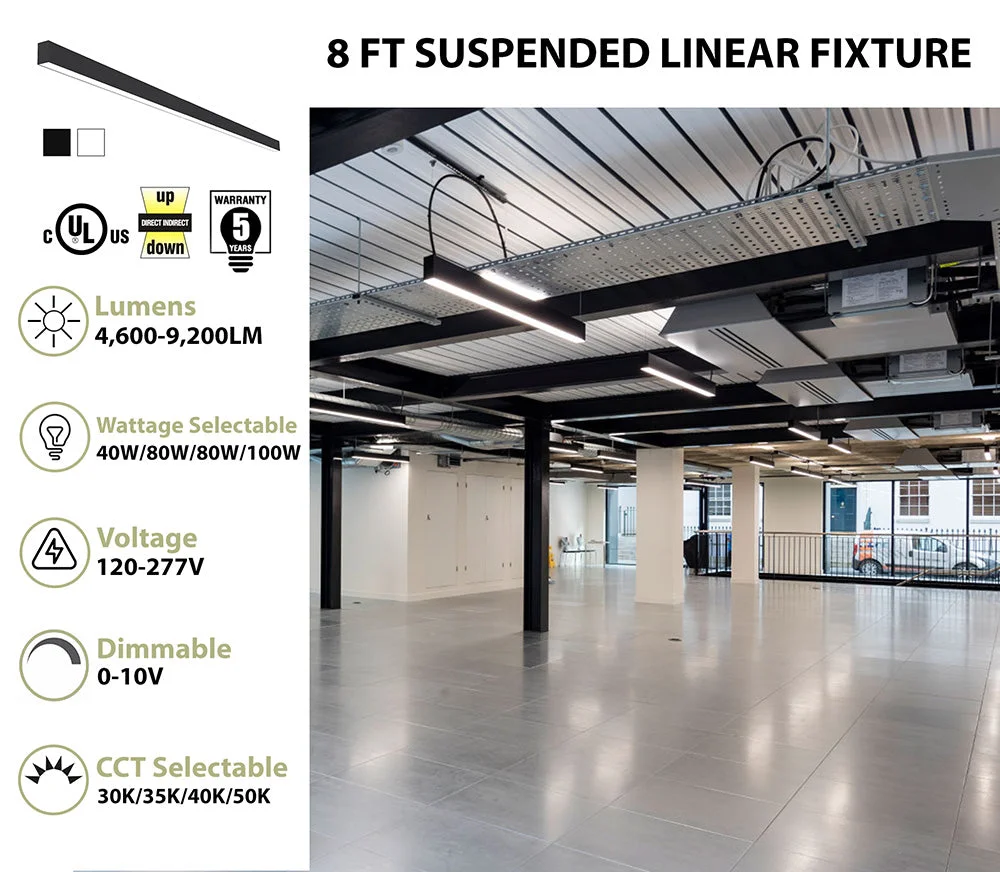 8 FT LED Direct/Indirect Suspended Linear Fixture, 2" Wide, 9200 Lumen Max, Wattage and CCT Selectable, 120-277V, White or Black Finish - Image 2