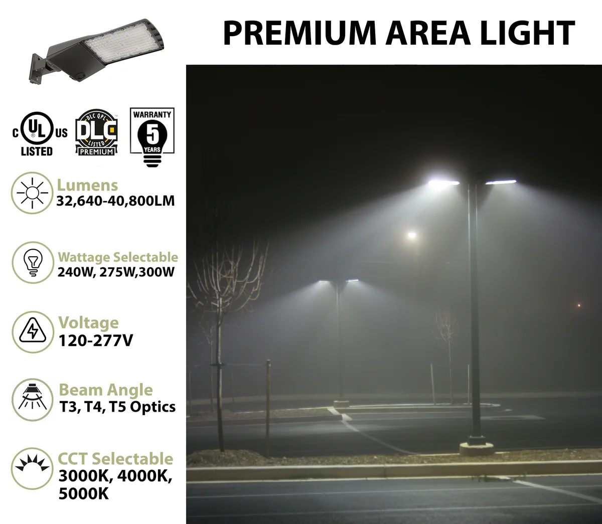 LED Premium Area/Parking Lot Light, 40,800 Lumen Max, Wattage and CCT Selectable, T3, T4, T5 Optics, 120-277V - Image 2