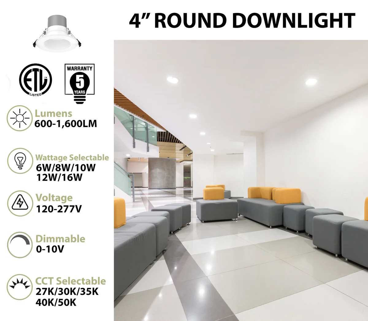 4" LED Round Commercial Downlight, 1600 Lumen Max, Wattage & CCT Selectable, 120-277V - Image 2