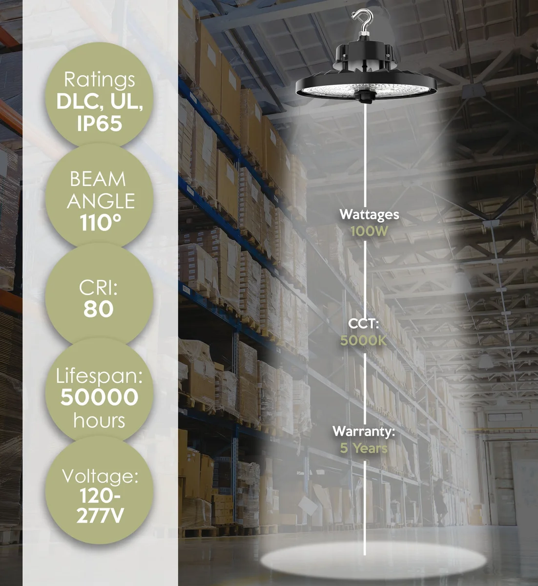 Saturn LED UFO High Bay, 100 watt, 120-277V, 18,500 Lumens, 5000K CCT, Black Finish - Image 2