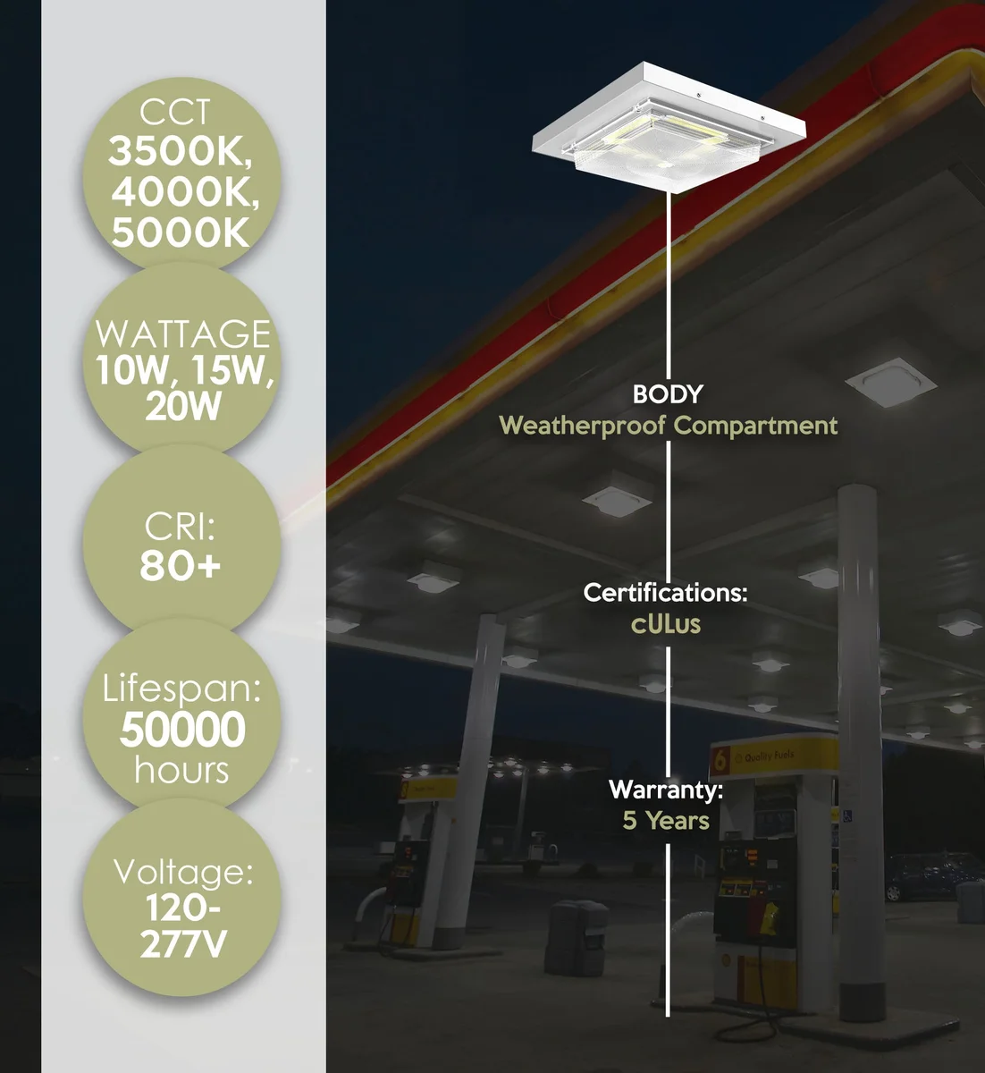 LED Canopy Light, 2800 Lumen Max, CCT and Wattage Selectable, 120-277V - Image 2