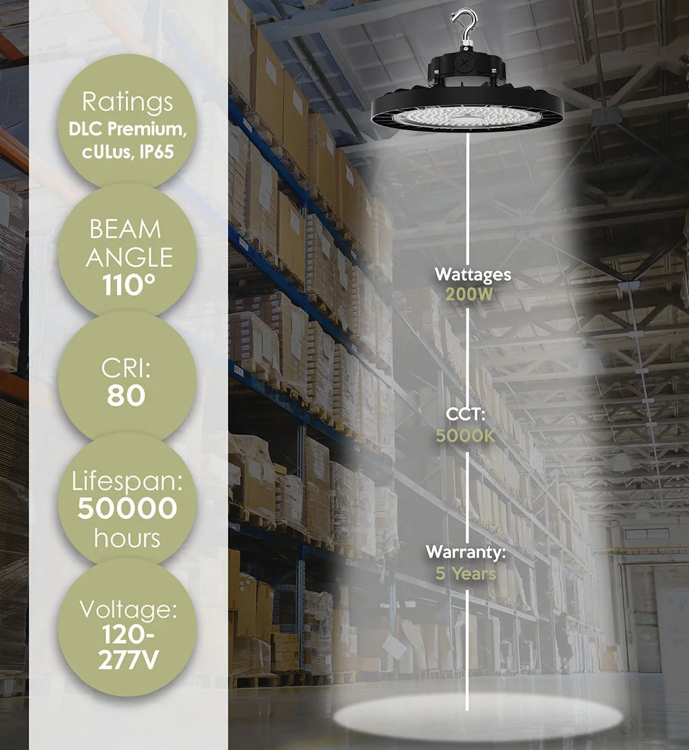 Static LED UFO High Bay, 30,000 Lumens, 200 Watt, 5000K, 120-277V, Black Finish - Image 2