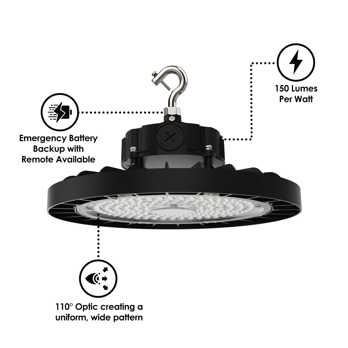 Static LED UFO High Bay, 30,000 Lumens, 200 Watt, 5000K, 120-277V, Black Finish - Image 3