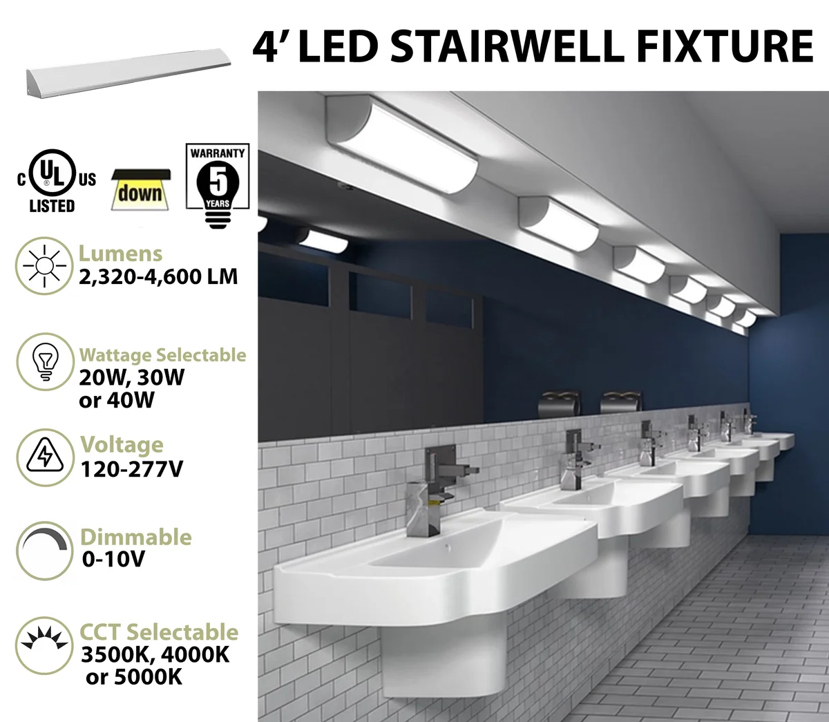 4 Foot LED Stairwell / Corridor Light, 4600 Lumen Max, Wattage and CCT Selectable, 120-277V - Image 2