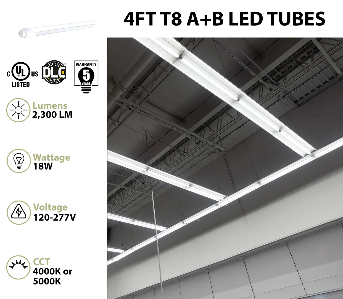 25PK 4FT LED T8 Tube Light, Type A+B Double End or Single End Power, 2300 Lumens, 18W, 5000K, 120-277V - Image 2