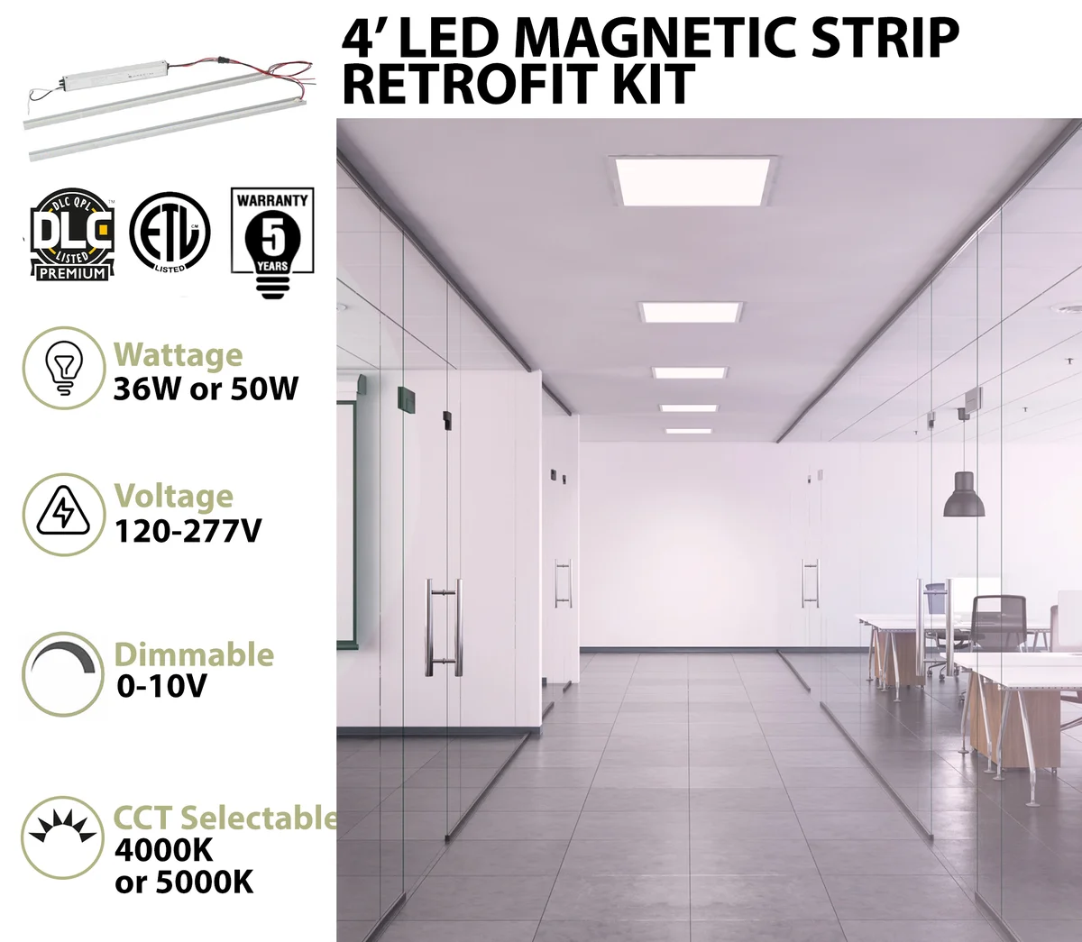 4 Foot LED Magnetic Strip Retrofit Kit for Linear Fixtures, 36W or 50W, 120-277V, 4000K or 5000K - Image 2