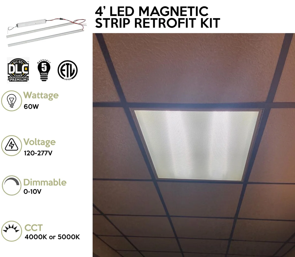 4 Foot LED Magnetic Strip Retrofit Kit for Linear Fixtures, 60W, 120-277V, 5000K - Image 2