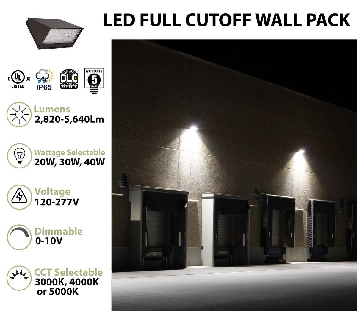 LED Traditional Cutoff Wall Pack, 5640 Lumen Max, Wattage and CCT Selectable, Integrated Photocell,120-277V - Image 2