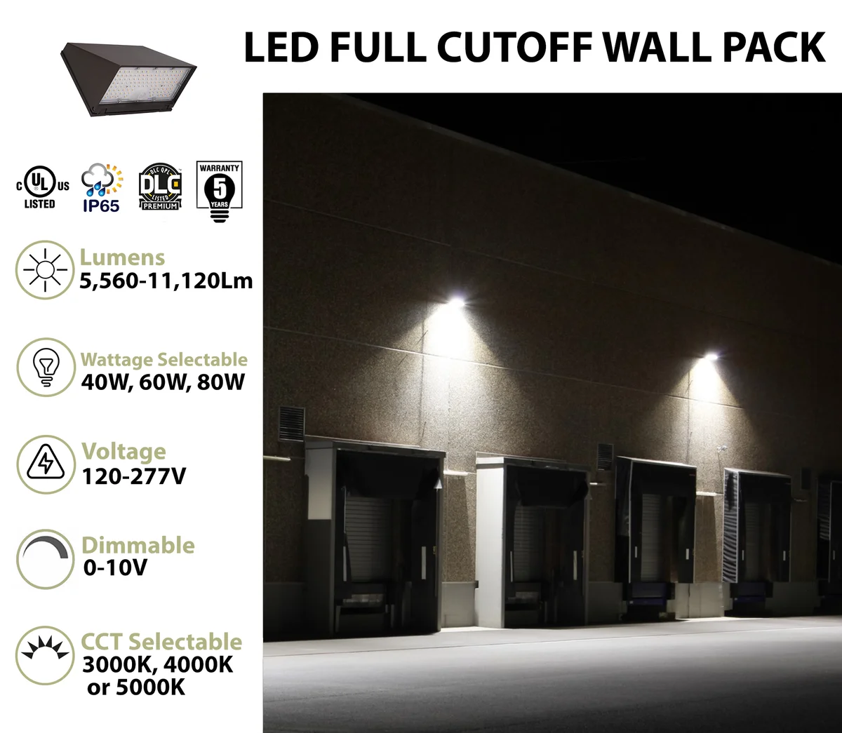 LED Traditional Cutoff Wall Pack, 11,120 Lumen Max, Wattage and CCT Selectable, Integrated Photocell, 120-277V - Image 2