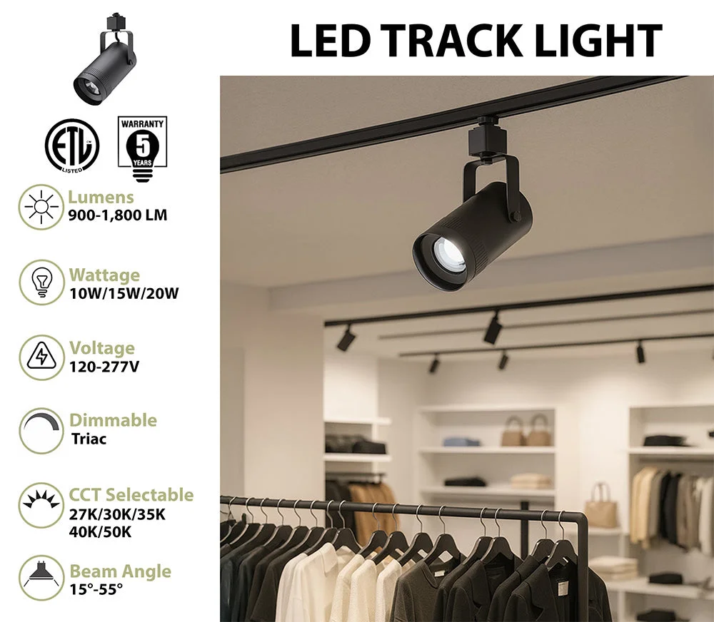 LED Track Light, 1800 Lumen Max, Wattage and CCT Selectable, Adjustable Beam Angle 15°-55°, 120V, Black Housing - Image 2