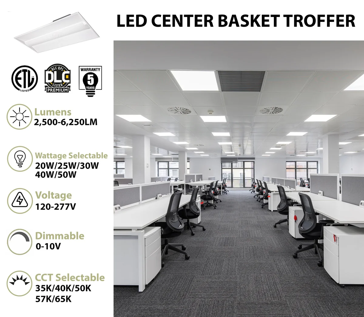 2 x 4 Foot Concord LED Center Basket Troffer, 6250 Lumen Max, Wattage and CCT Selectable, Dimmable, 120-277V - Image 2