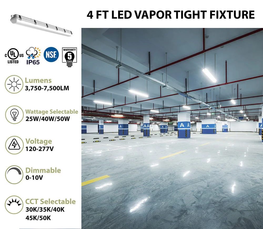 4FT LED Vapor Tight Fixture, 7,500 Lumen Max, CCT and Wattage Selectable, 120-277V - Image 2