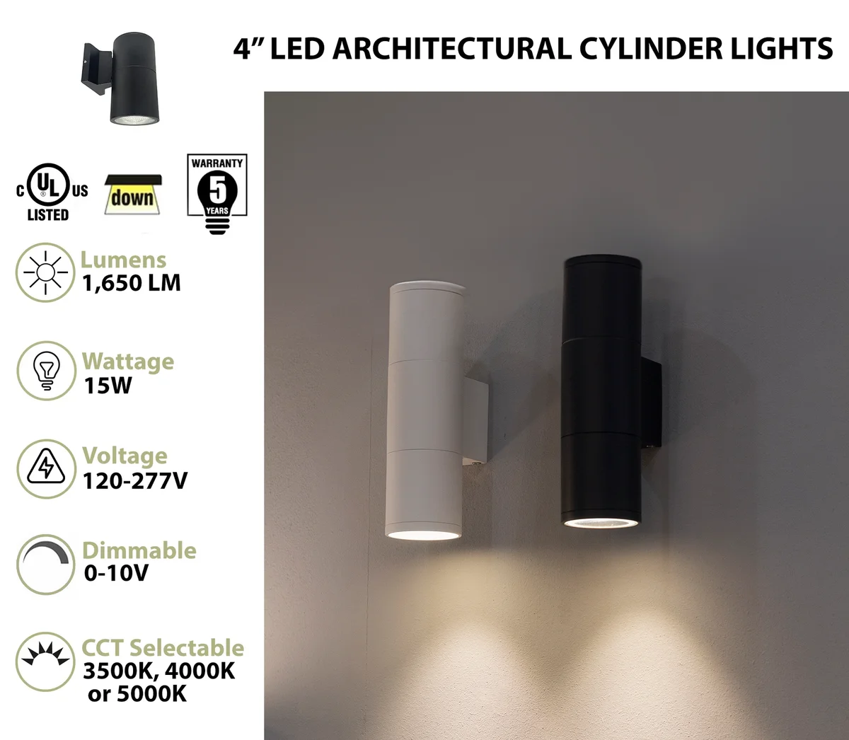 4" LED Architectural Indoor Wall Mount Cylinder Light, 1650 Lumens, 15W, CCT Selectable, 120-277V, Black or White - Image 2