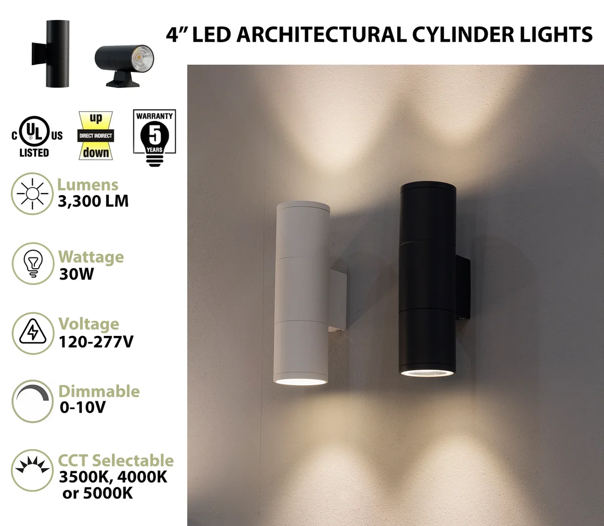 4" LED Architectural Indoor Wall Mount Cylinder Light, 3300 Lumens, 30W Direct/Indirect, CCT Selectable, 120-277V, Black or White - Image 2