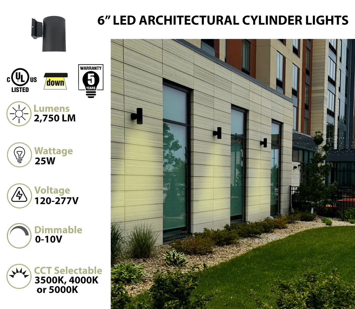 6" LED Architectural Outdoor Wall Mount Cylinder Light, 2750 Lumens, 25W, CCT Selectable, 120-277V, White - Image 2