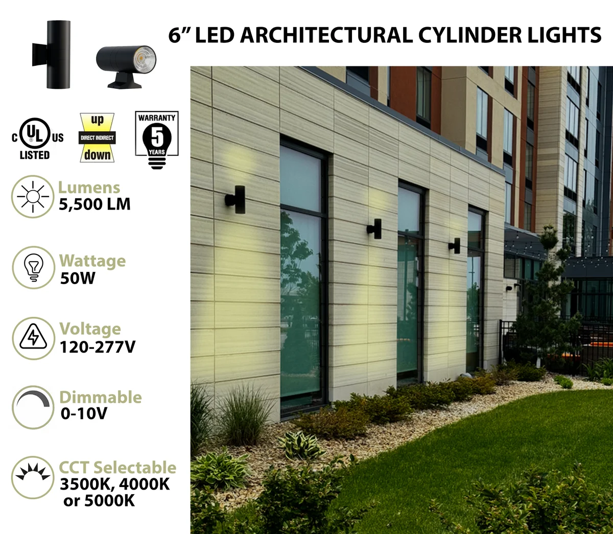 6" LED Architectural Outdoor Wall Mount Cylinder Light, 5500 Lumens, 50W Direct/Indirect, CCT Selectable, 120-277V, White - Image 2