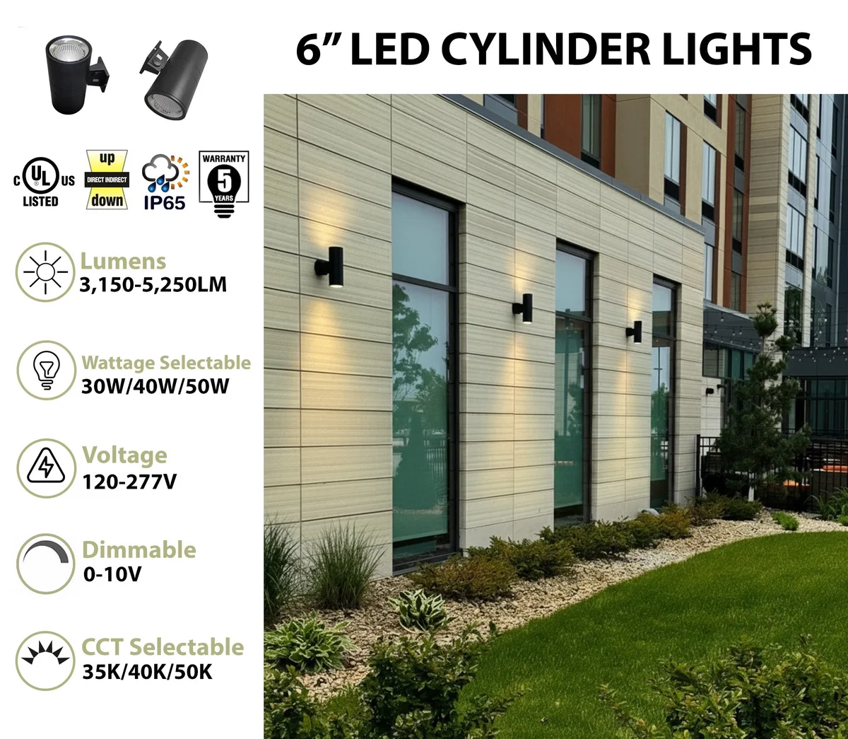 6" LED Architectural Wall Mount Cylinder Light, 5250 Lumen Max, Direct/Indirect, Wattage and CCT Selectable, 120-277V, Black Finish - Image 2